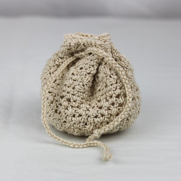 Mini Cream Crocheted Drawstring Pouch Bag - Picture 1 of 5